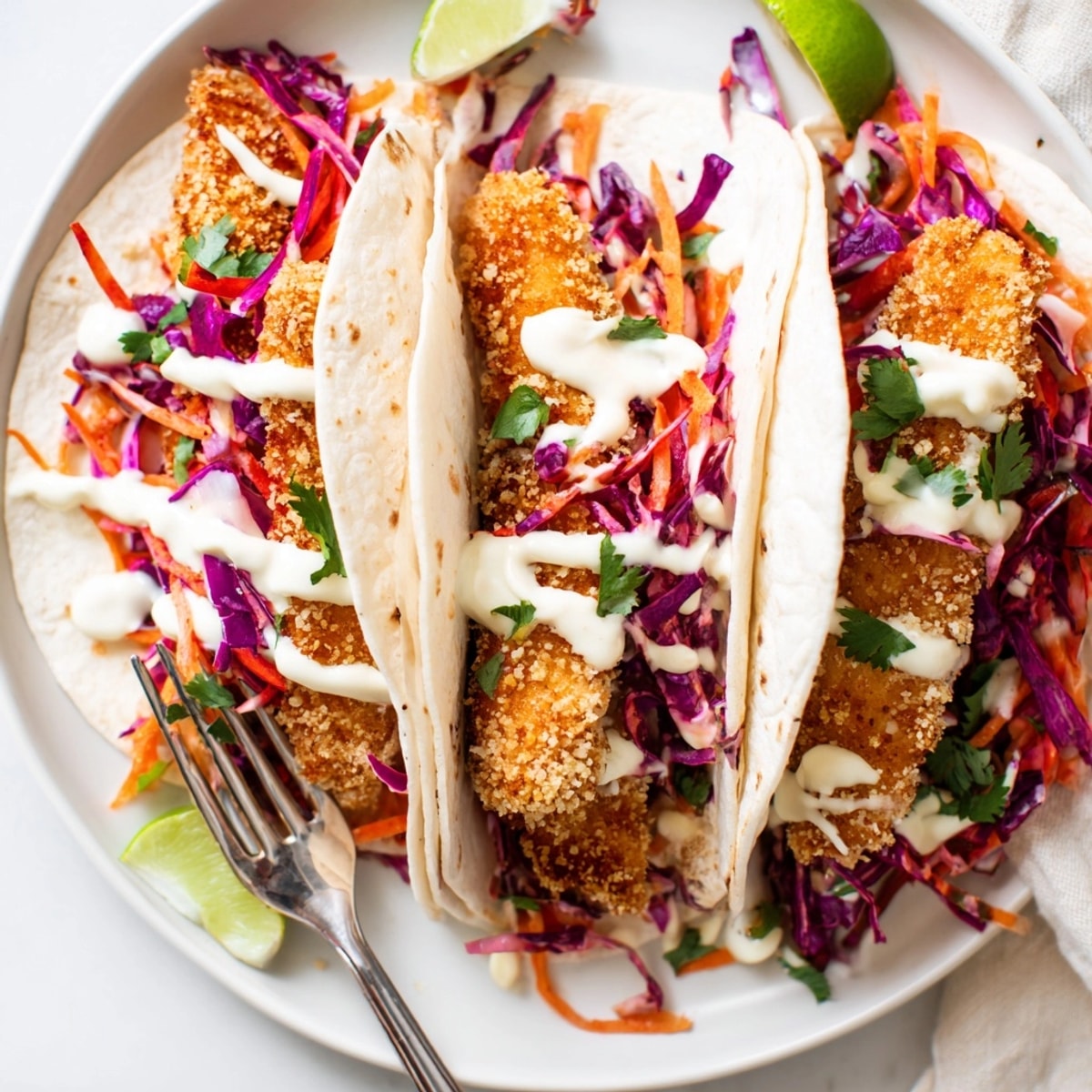 Close-up of delicious air-fryer fish tacos recipe, drizzled with zesty lime crema.