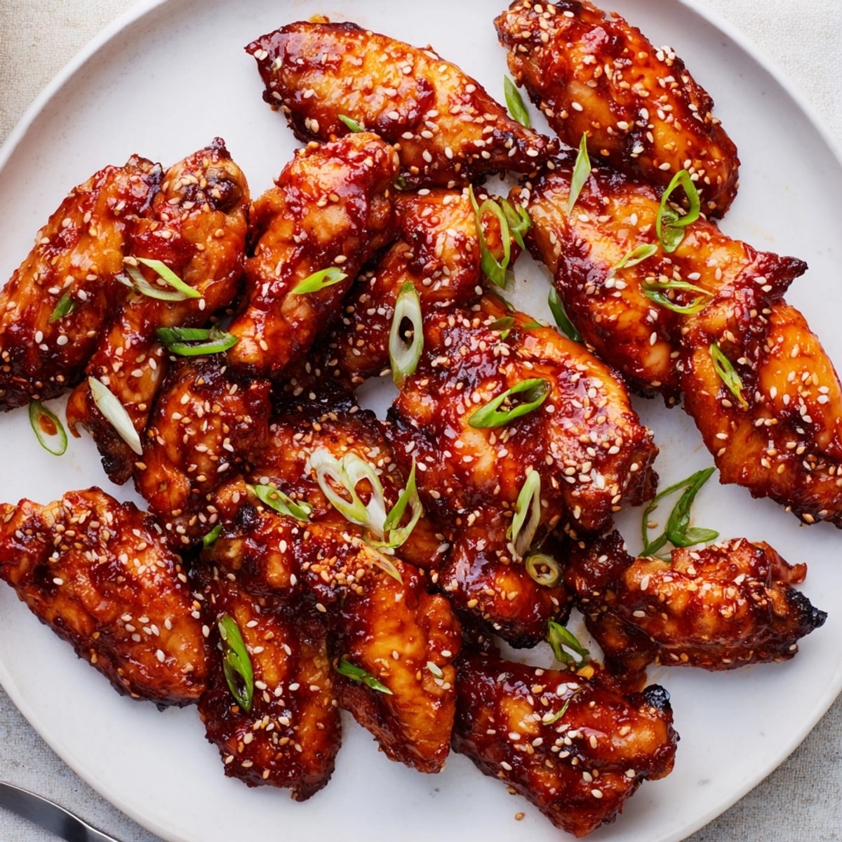 Close-up of sticky, shiny Korean BBQ Wings garnished with sesame seeds and scallions.