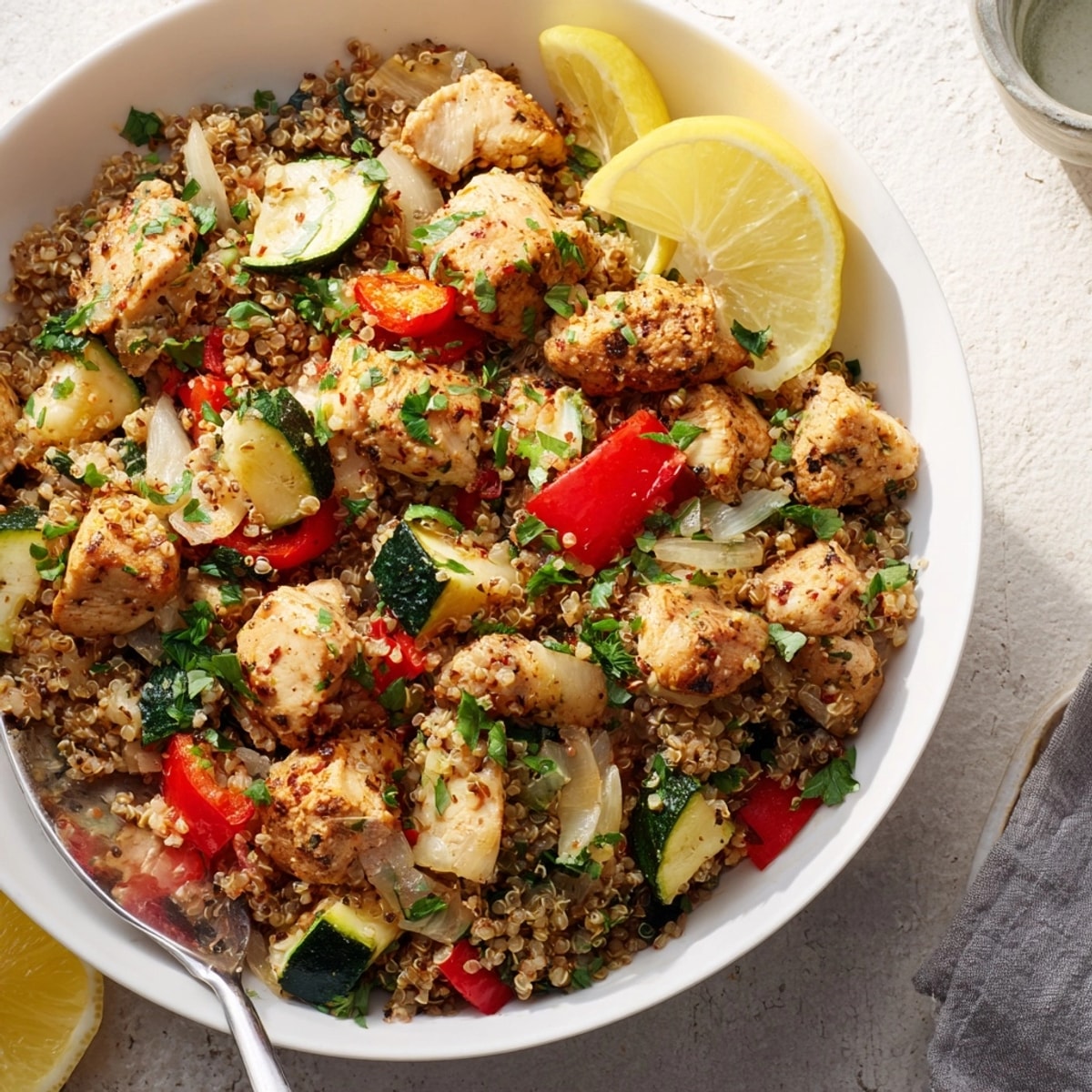 Hearty One-Pot Quinoa Chicken recipe: Flavorful, gluten-free comfort food served hot with fresh herbs.