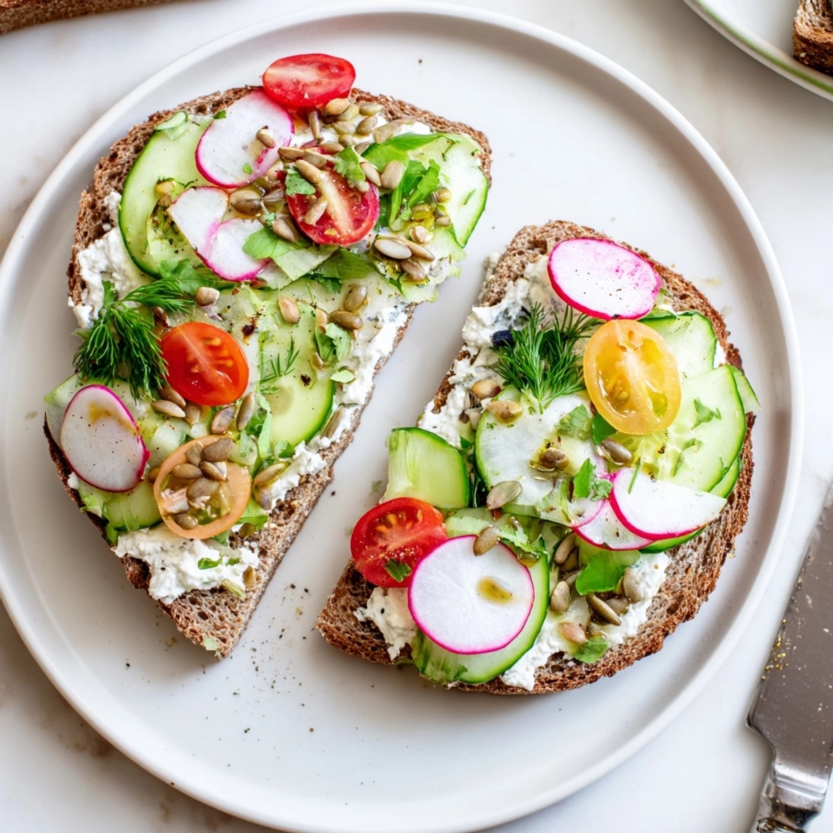 Golden-brown Cottage Cheese Toast topped with vibrant vegetables, drizzled with olive oil, ready to eat.