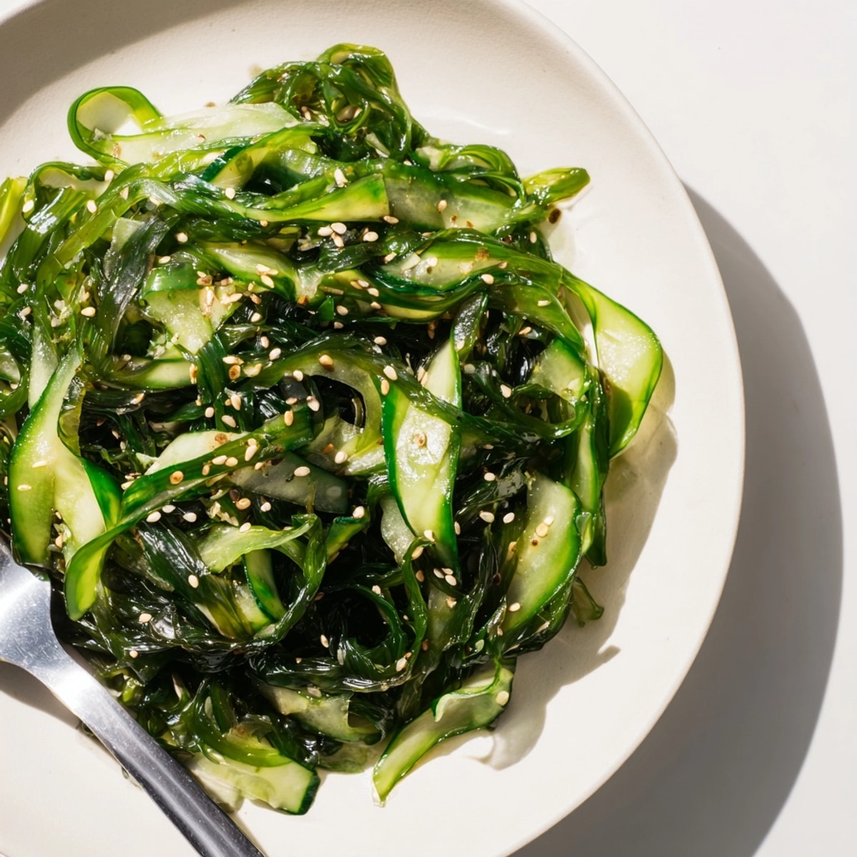 Close-up of refreshing Seaweed Salad, showcasing dark greens with cucumber and toasted sesame seeds.
