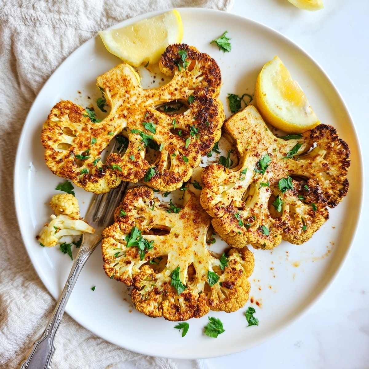 Crispy, golden brown Roasted Cauliflower Steaks coated in flavorful spices, baking in a hot oven.