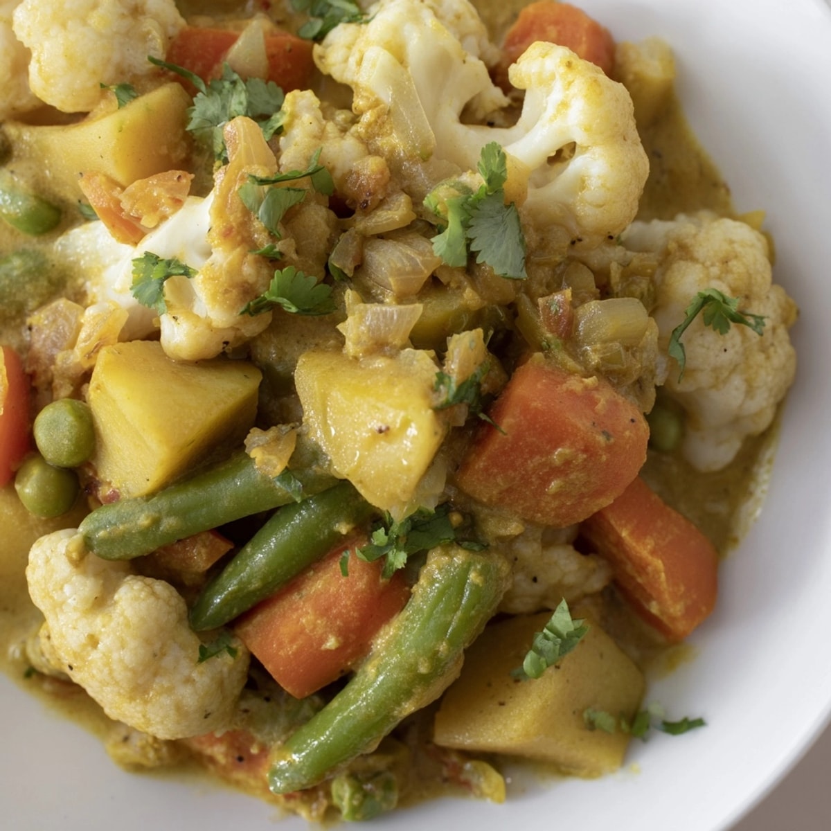 Close-up of rich, fragrant Indian Vegetable Korma served in a bowl; ready to eat.