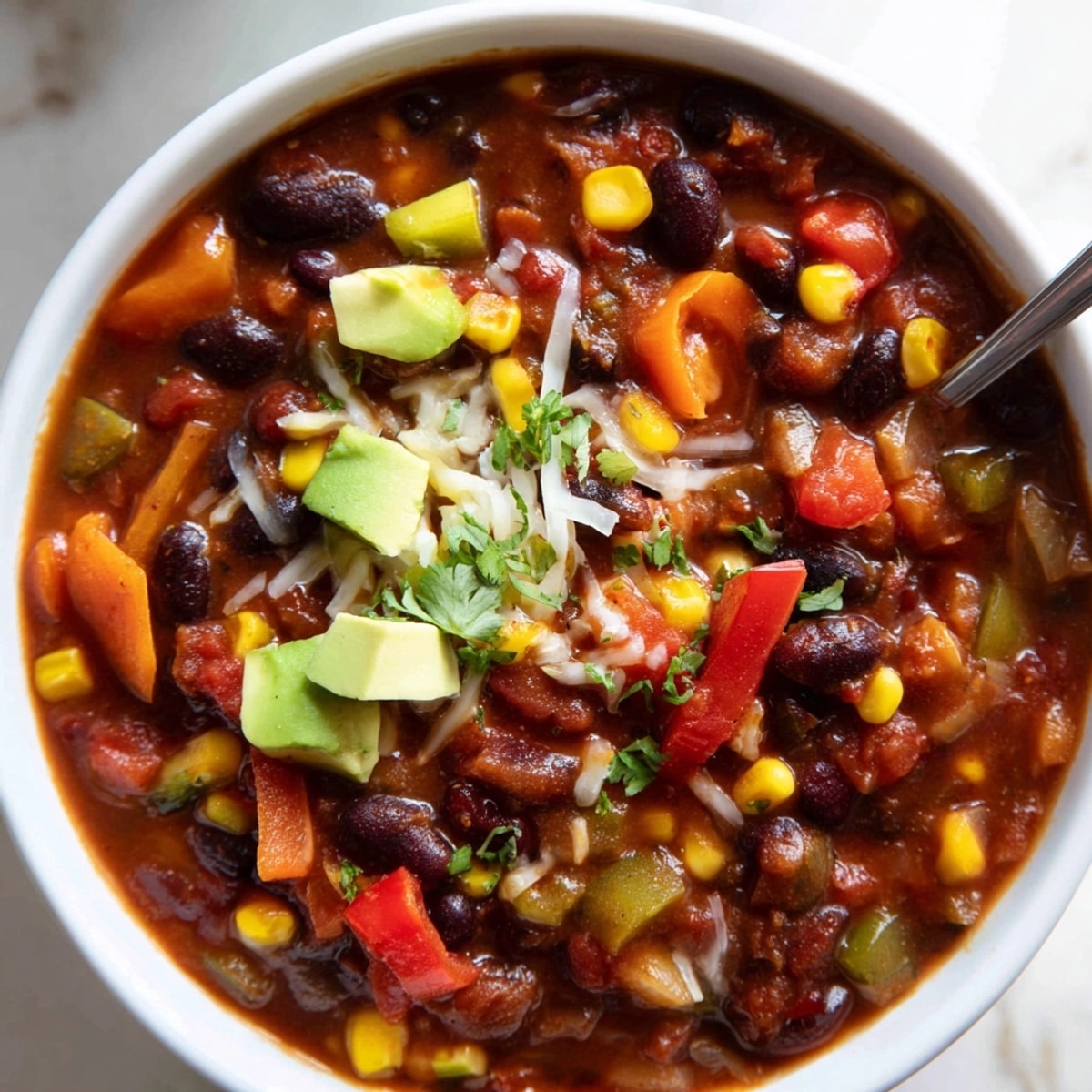 Close-up of vibrant Vegetarian Chili, brimming with colorful veggies, ready to be served.