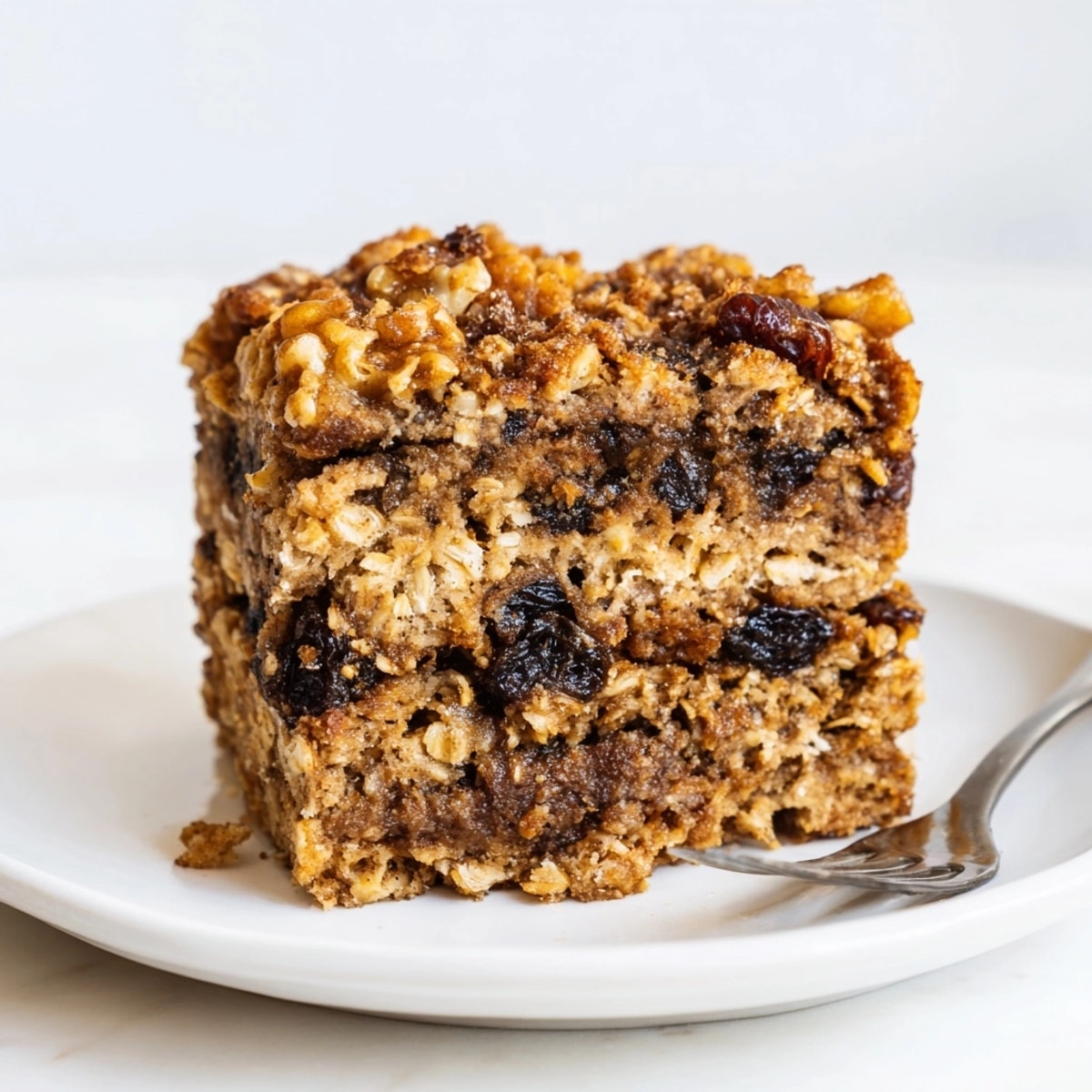 Warm slice of Baked Oatmeal Cake: imagine cinnamon scents and a tender, moist crumb.