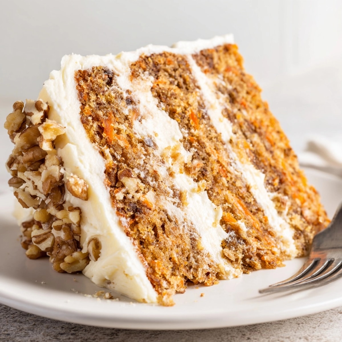 Homemade carrot cake recipe: Layers of moist, spiced cake with sweet cream cheese frosting.