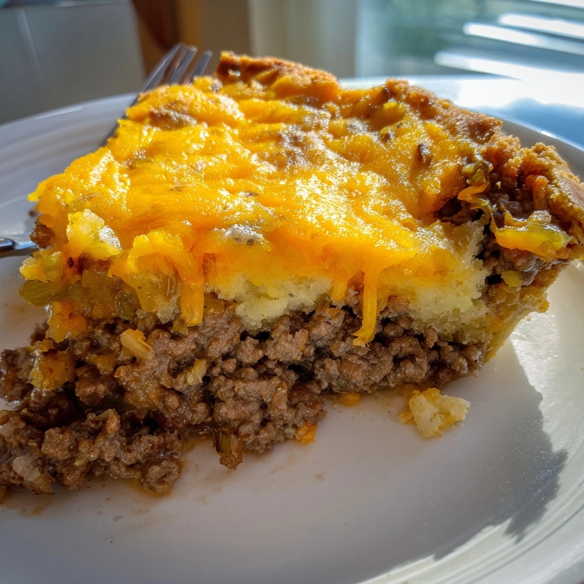 Golden brown Cheeseburger Pie, bubbling cheese visible, ready for a comforting weeknight dinner.