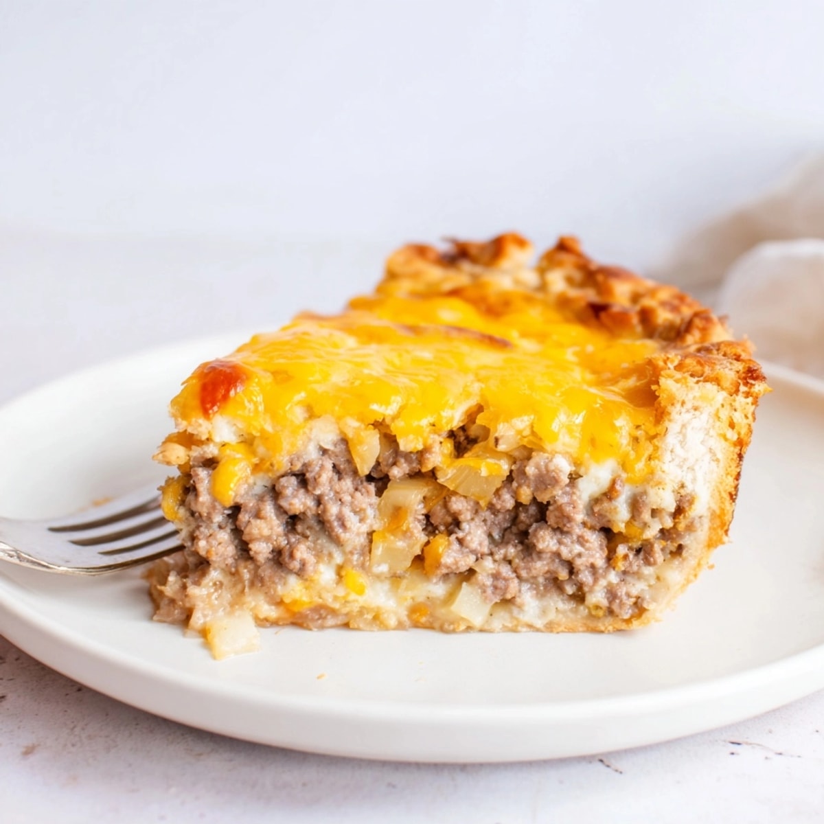 Close-up of a warm Cheeseburger Pie slice with melted cheddar and biscuit topping.