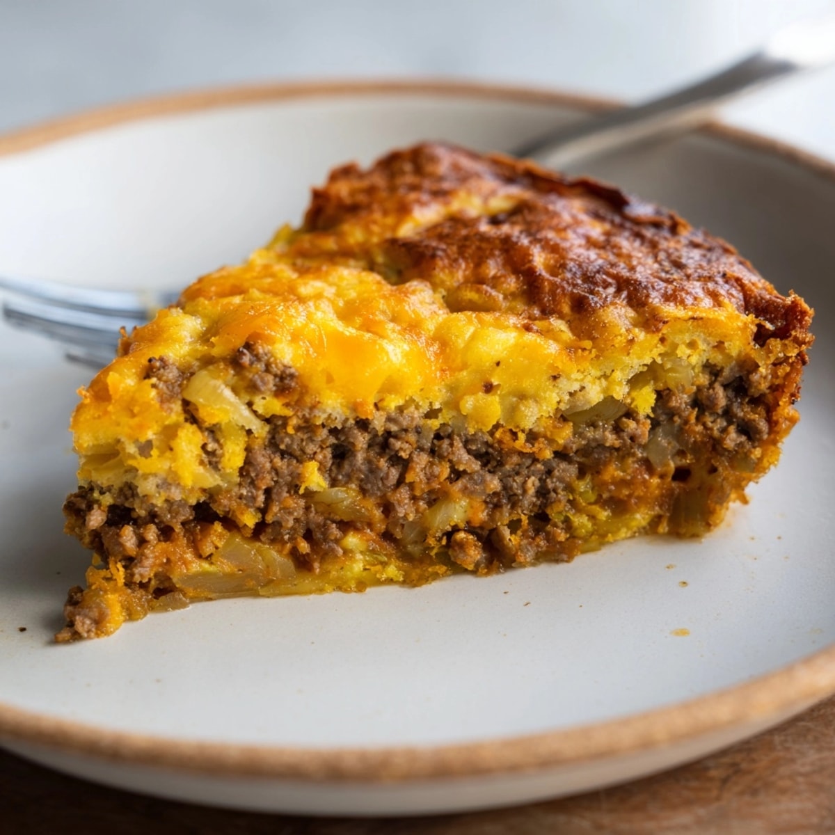 Savory Cheeseburger Pie recipe: Ground beef filling topped with flaky, baked biscuit crust.