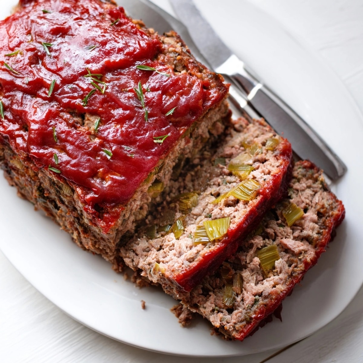 Savory Meatloaf with Leeks, sliced warm, juicy on plate, perfect for dinner.
