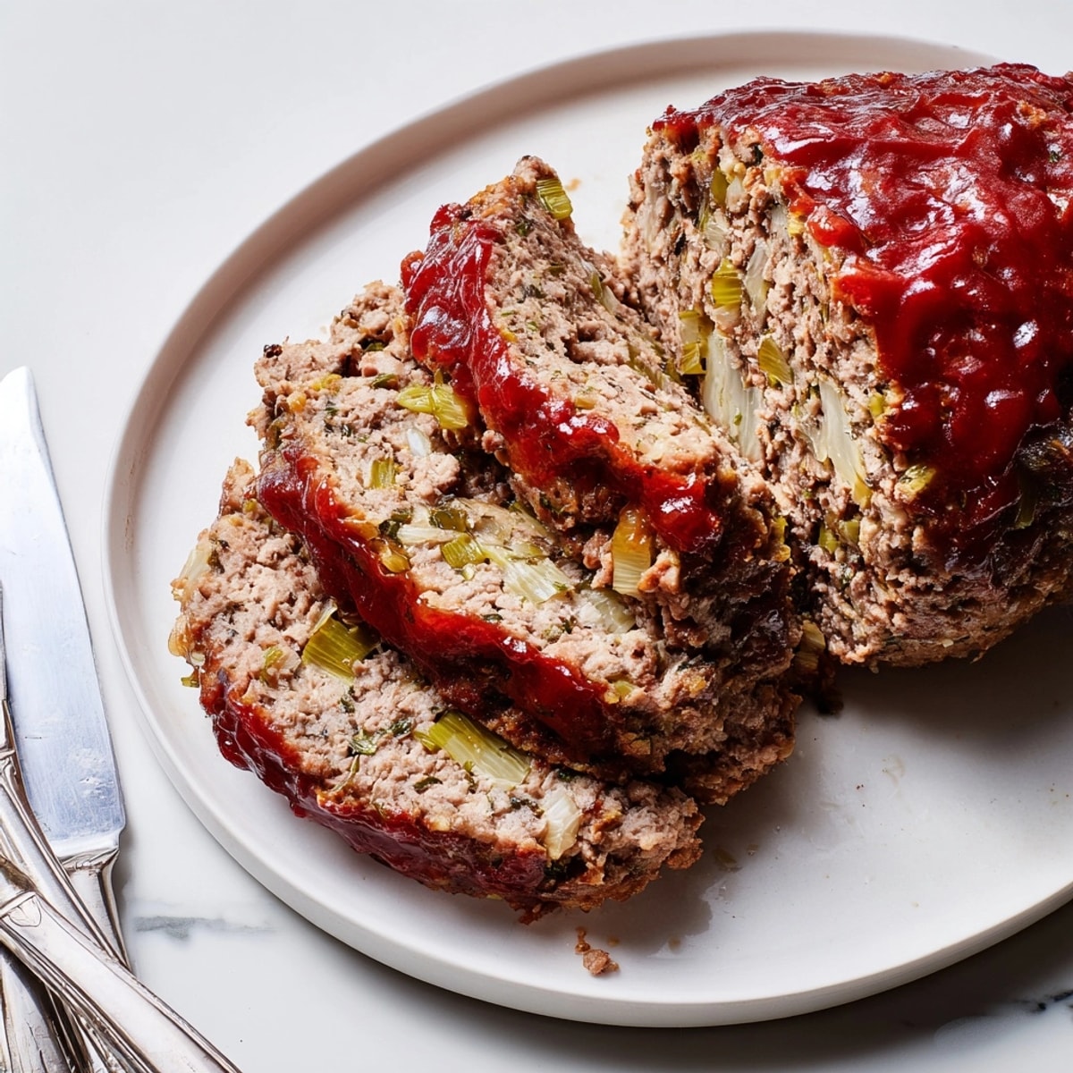 Golden Meatloaf with Leeks, baked until caramelized, resting in baking pan aroma.