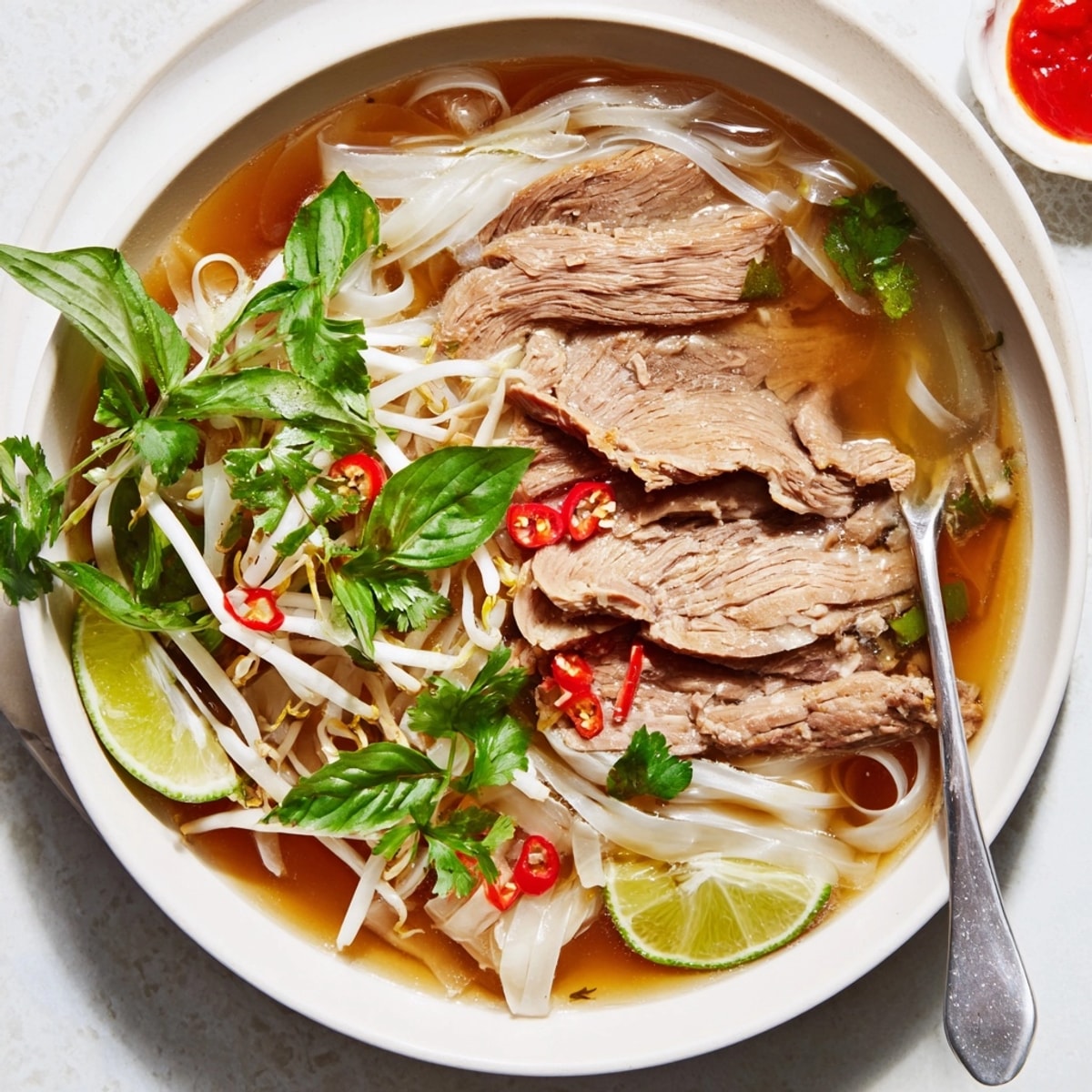 Bowl of Pho-Inspired Instant Pot Soup with vibrant herbs and tender beef slices.