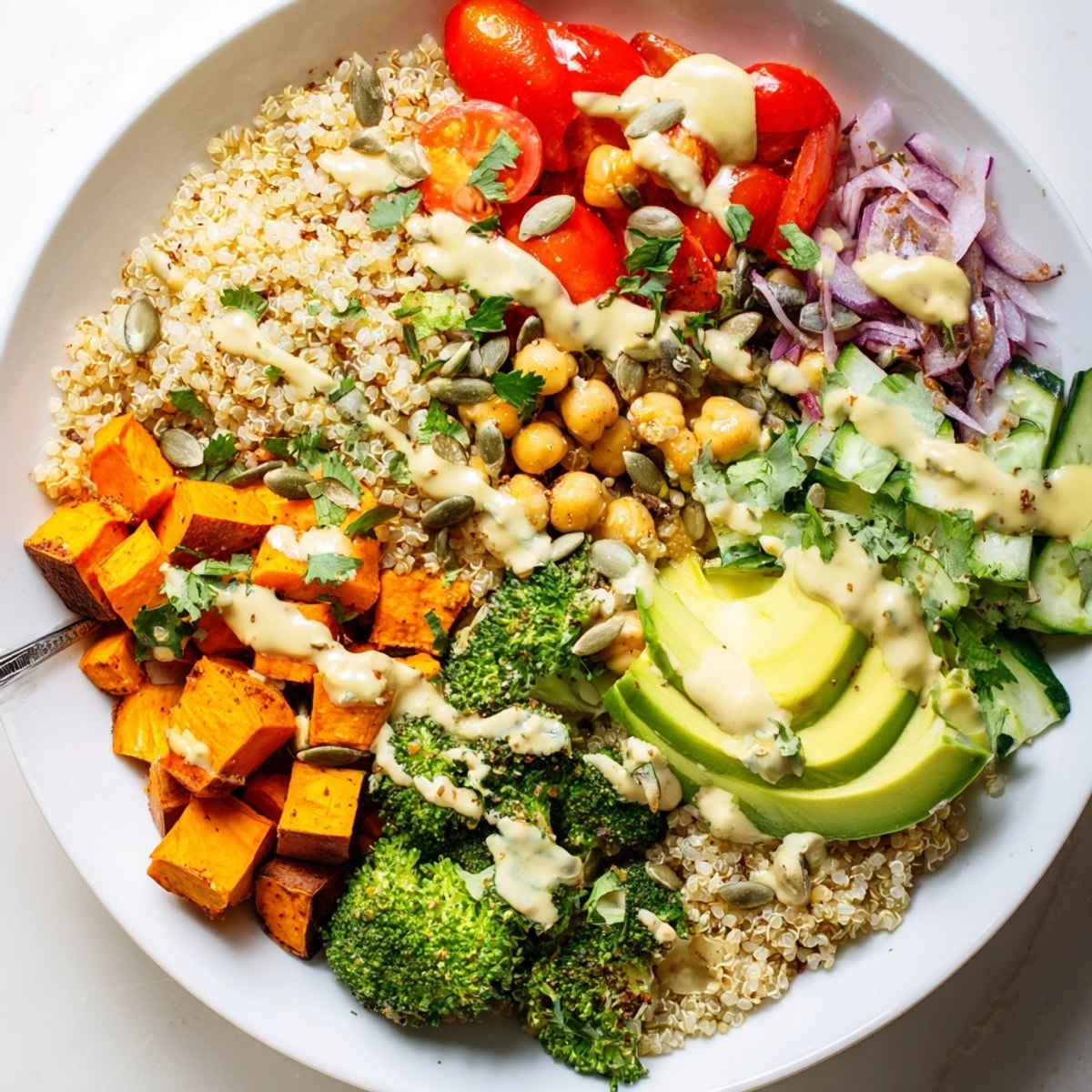 A nutritious and inviting Global Grains Power Bowl, ready to enjoy for lunch.