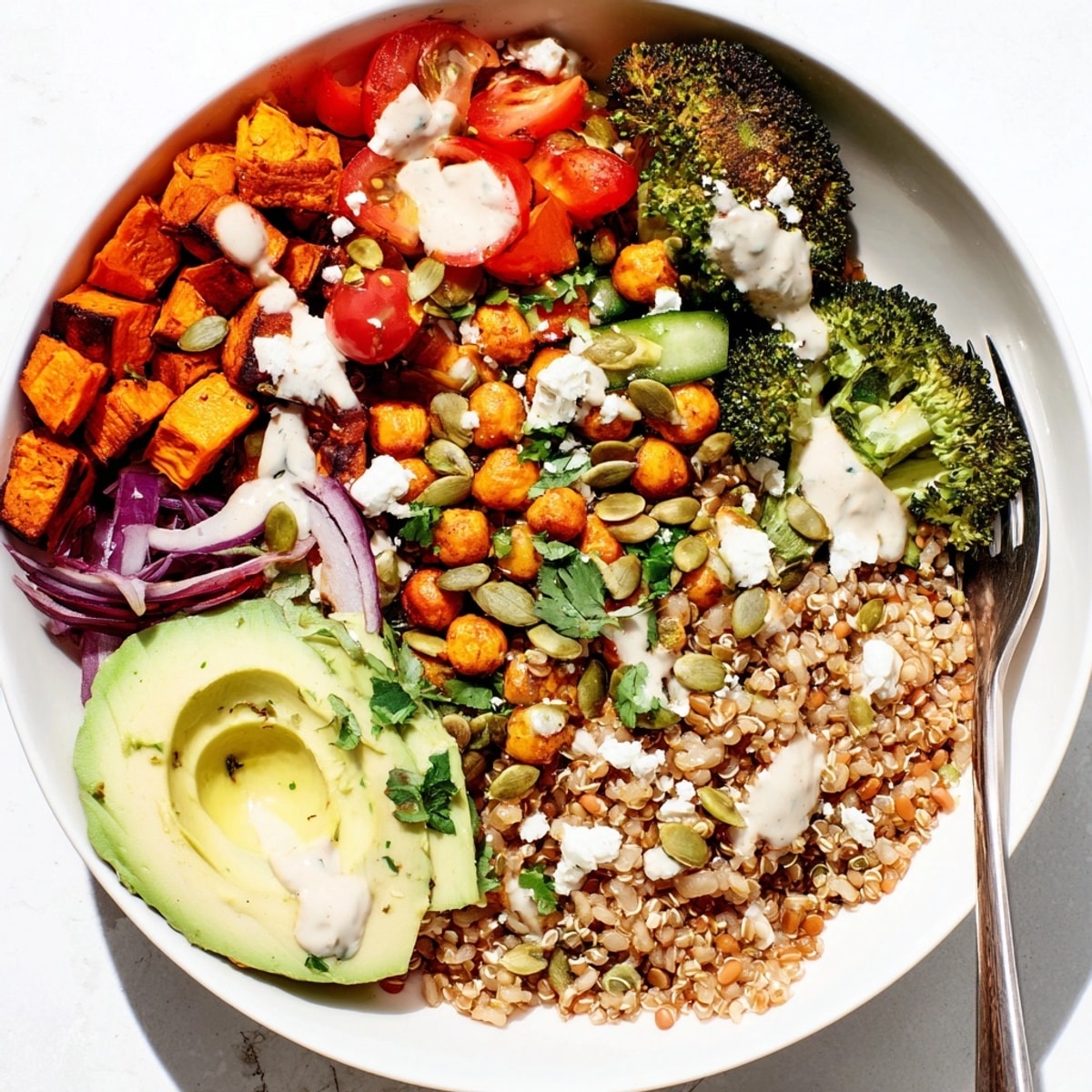 Close-up of a Global Grains Power Bowl showcasing the zesty dressing drizzle.