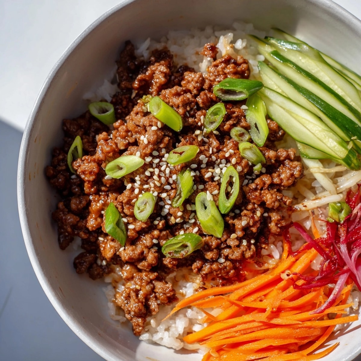 Close-up of a Korean Ground Beef Bowl, showcasing the delicious, glossy beef over rice.