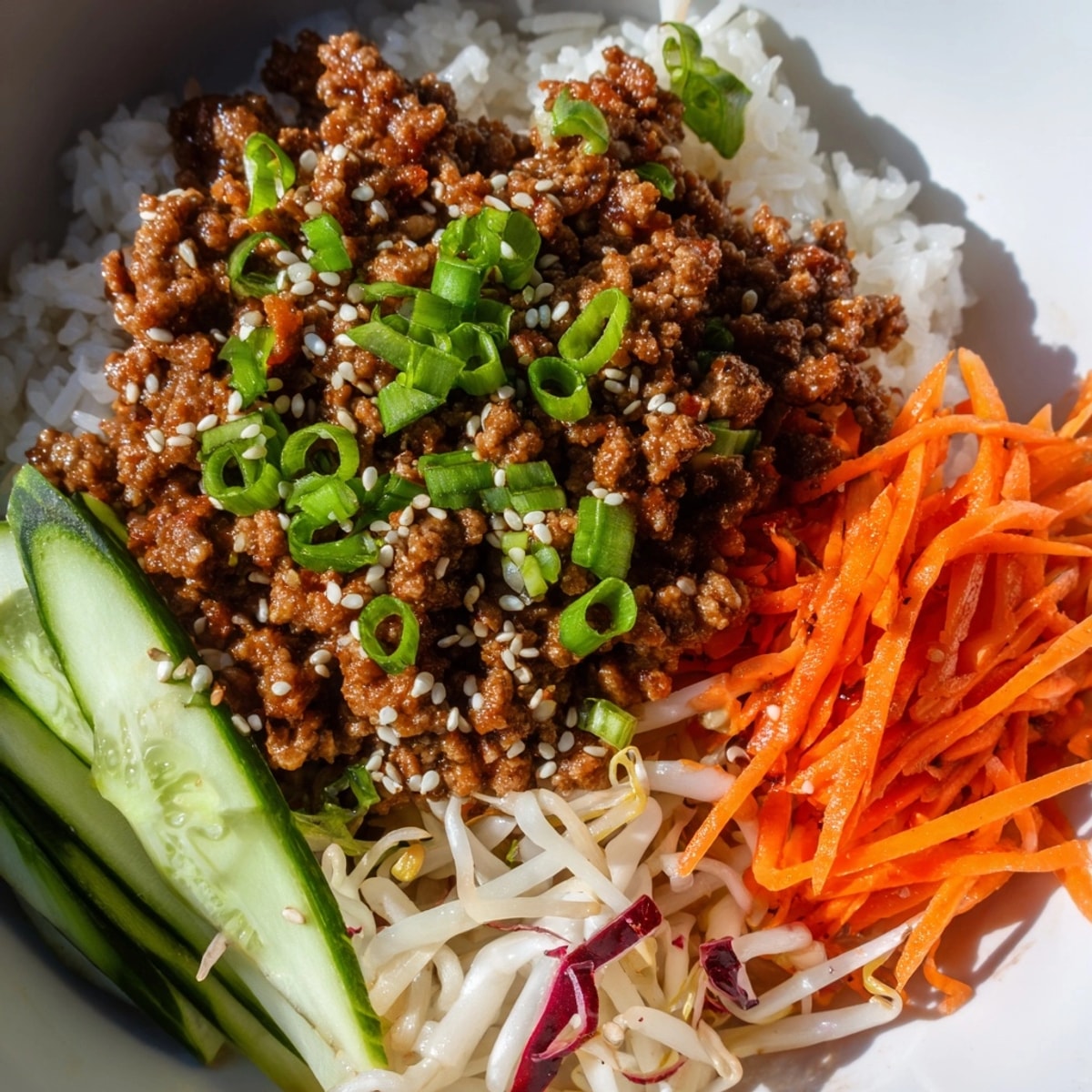 Korean Ground Beef Bowl recipe: Sweet and savory ground beef, vegetables over fluffy rice.