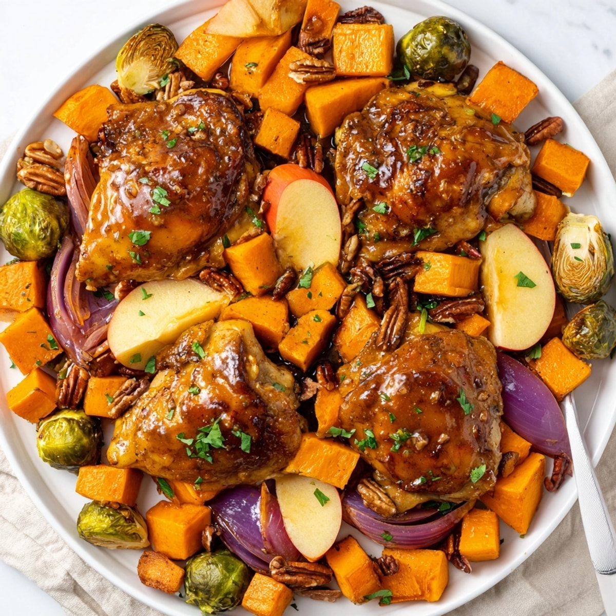 Golden roasted Harvest Sheet-Pan Dinner with glazed chicken, tender squash, and crisp Brussels sprouts.