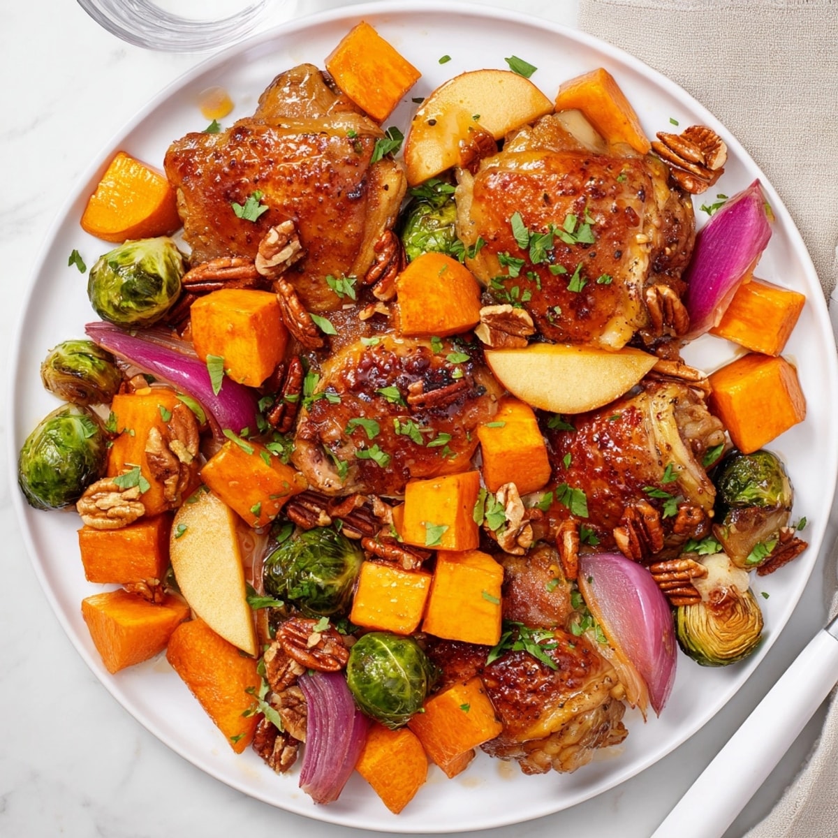 A colorful Harvest Sheet-Pan Dinner photo: juicy chicken, root vegetables, maple-mustard aroma filling the air.