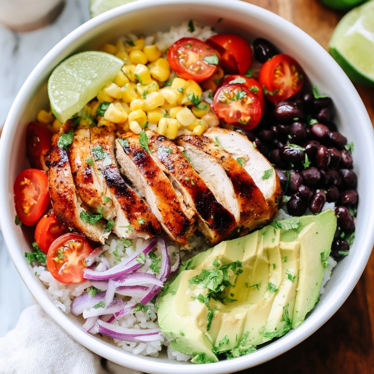 Close-up of a flavorful Cilantro Lime Chicken Bowl, a fast, easy weeknight dinner idea.