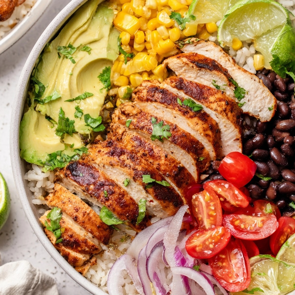 Homemade Cilantro Lime Chicken Bowl recipe, showcasing marinated chicken, zesty rice, and vibrant toppings.