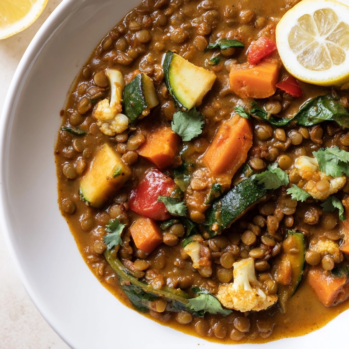 Bowl of savory Lentil Vegetable Curry, a plant-based comfort food dream.