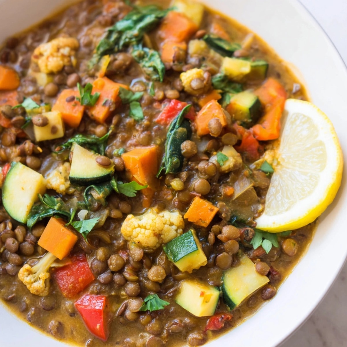Aromatic Lentil Vegetable Curry recipe: colorful veggies and lentils simmered in spiced coconut milk.