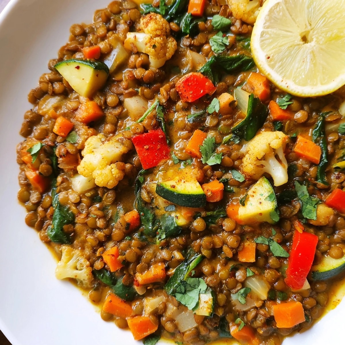 Golden Lentil Vegetable Curry plated with cilantro and lemon; vibrant and ready to eat.