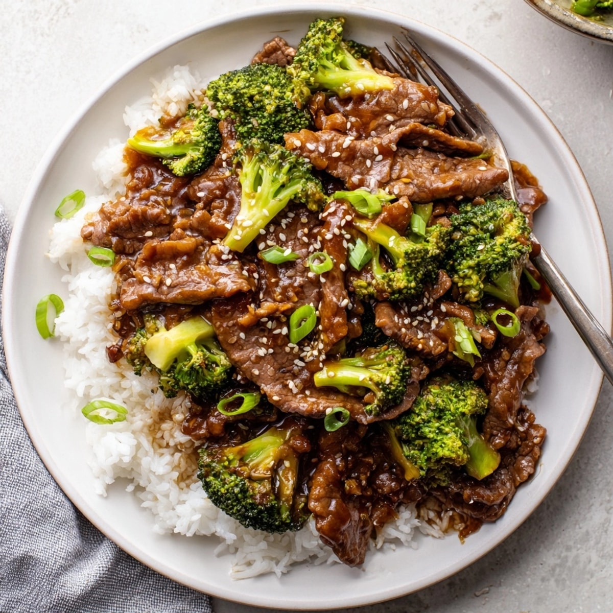 Close-up of glistening Slow Cooker Beef and Broccoli with vibrant green onions and sesame seeds.