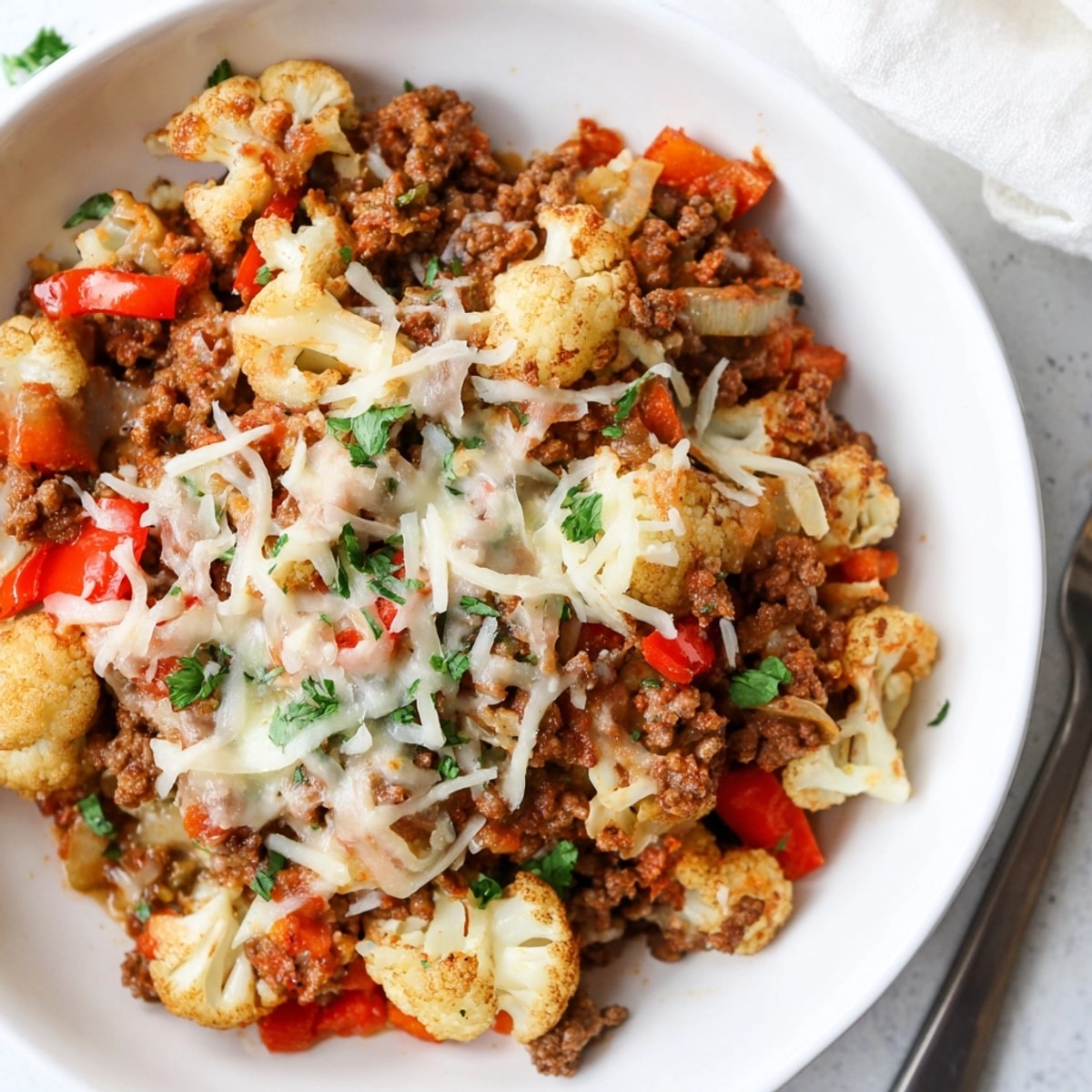 Overhead view: bubbling Italian Beef Cauli-Skillet after melting mozzarella and parmesan.