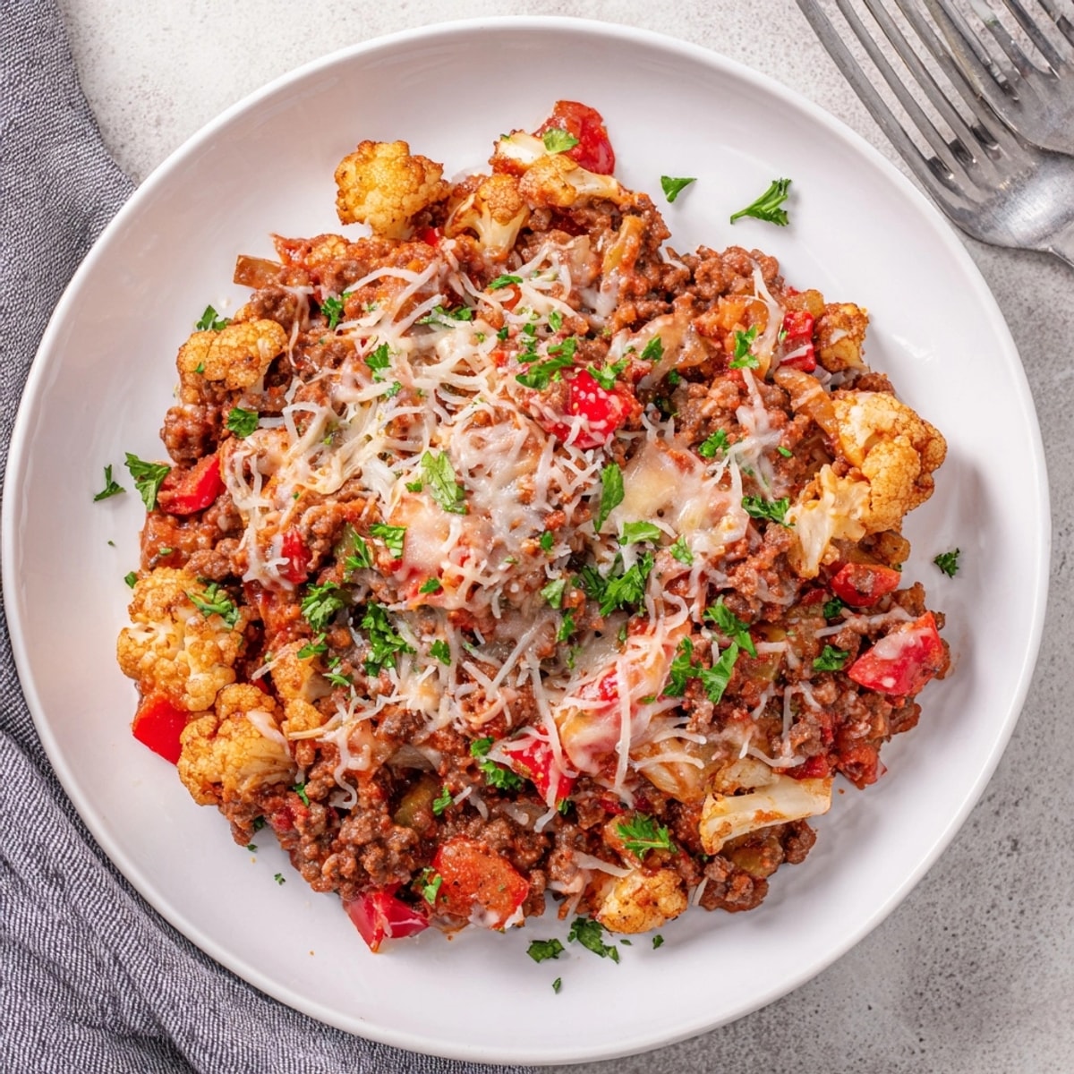 Scooping up Italian Beef Cauli-Skillet; savory ground beef and cauliflower with melted cheese.