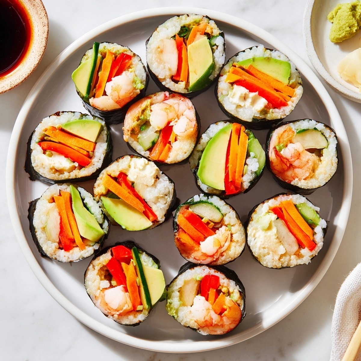 Close-up of vibrant Low-Carb Sushi Rolls sliced, revealing colorful veggie and shrimp fillings.