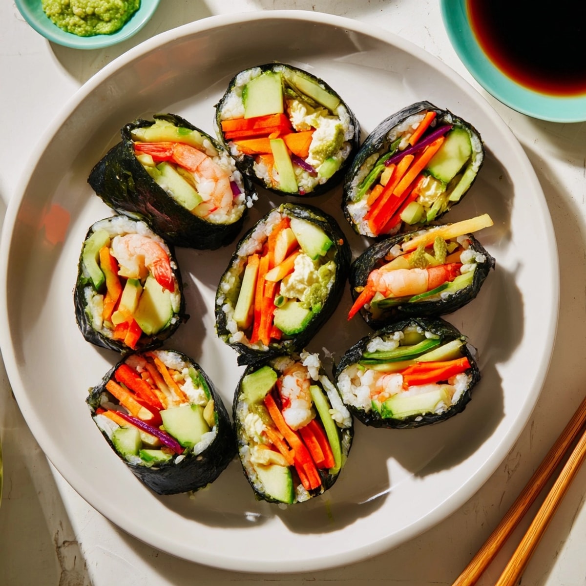 Delicious, fresh Low-Carb Sushi Rolls plated elegantly, ready to be dipped in soy sauce.