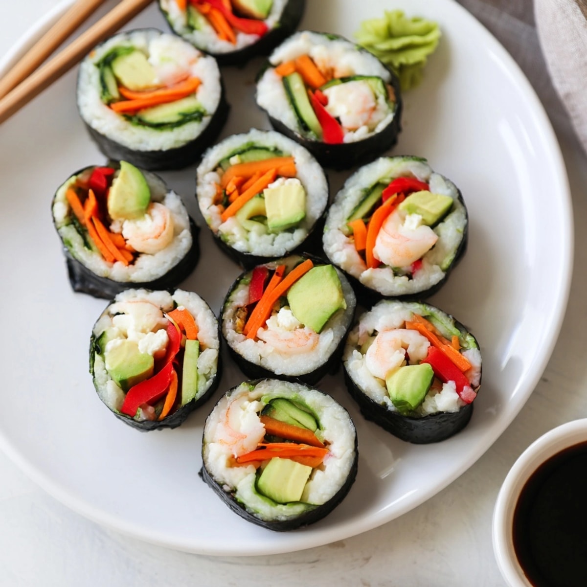 Making Low-Carb Sushi Rolls: hands expertly rolling nori around crisp vegetables and shrimp.