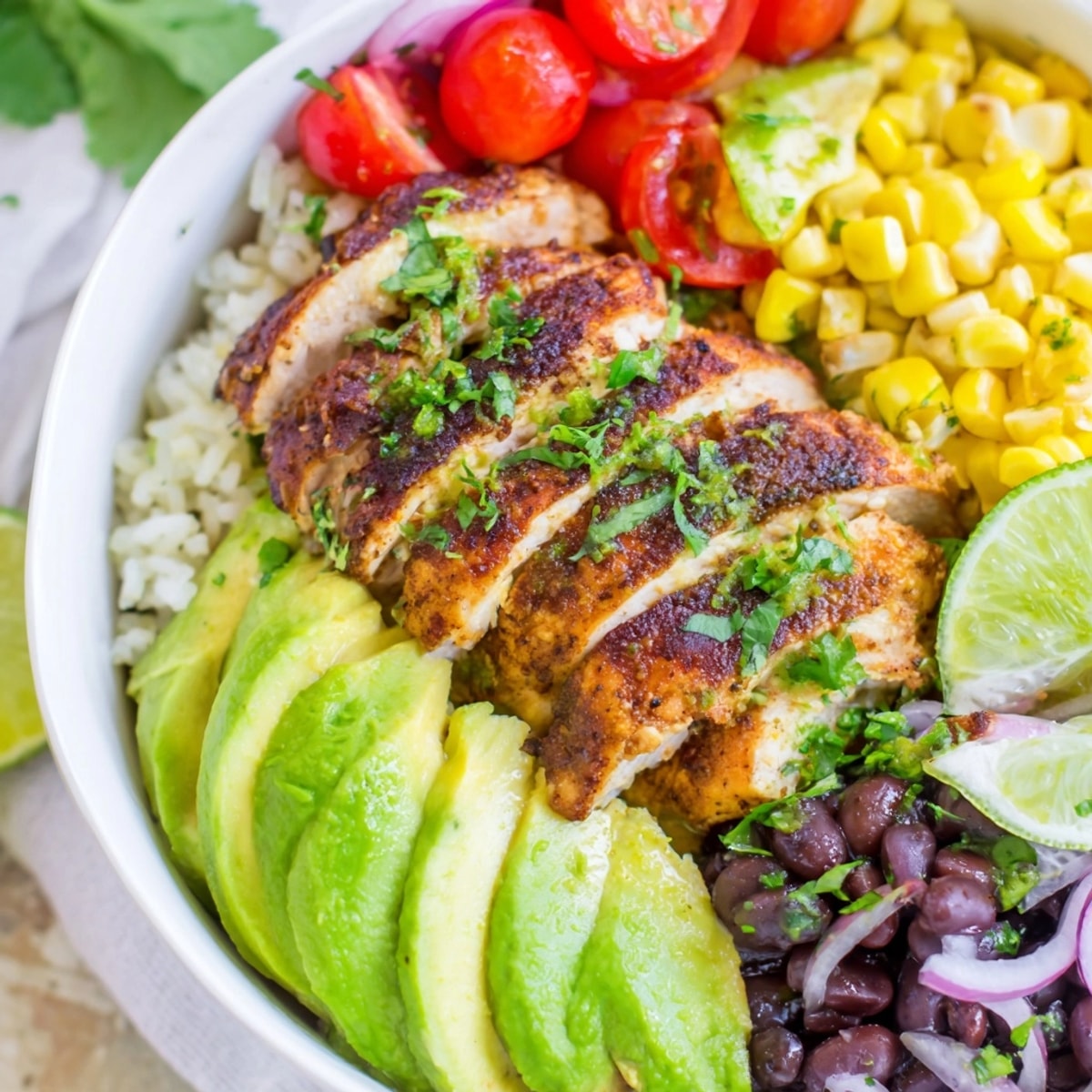 A colorful Cilantro Lime Chicken Bowl bursting with fresh cilantro, avocado, and bright lime.
