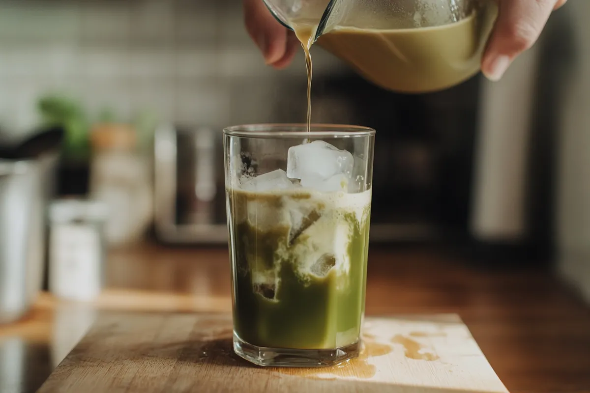 iced matcha latte with ice and sweetener