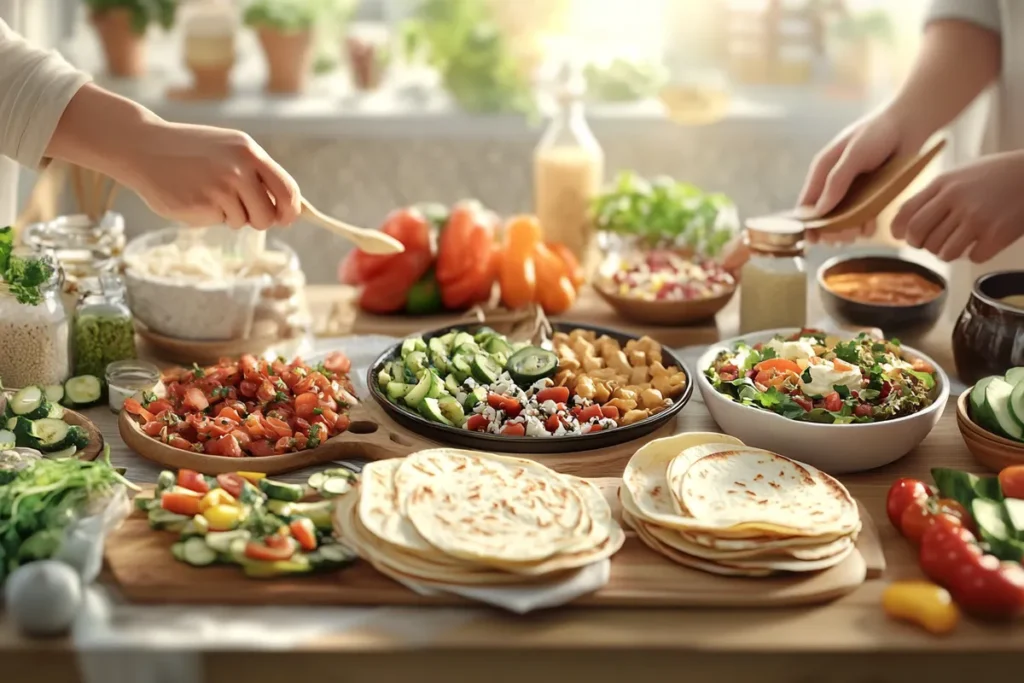 A variety of fresh vegetables, salads, and flatbreads are arranged on a kitchen table with hands preparing food.