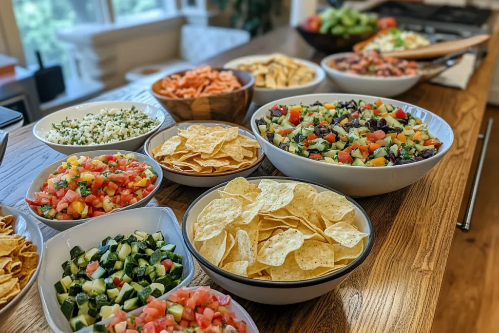 A variety of colorful dishes featuring salsa, salads, and tortilla chips arranged on a wooden table.