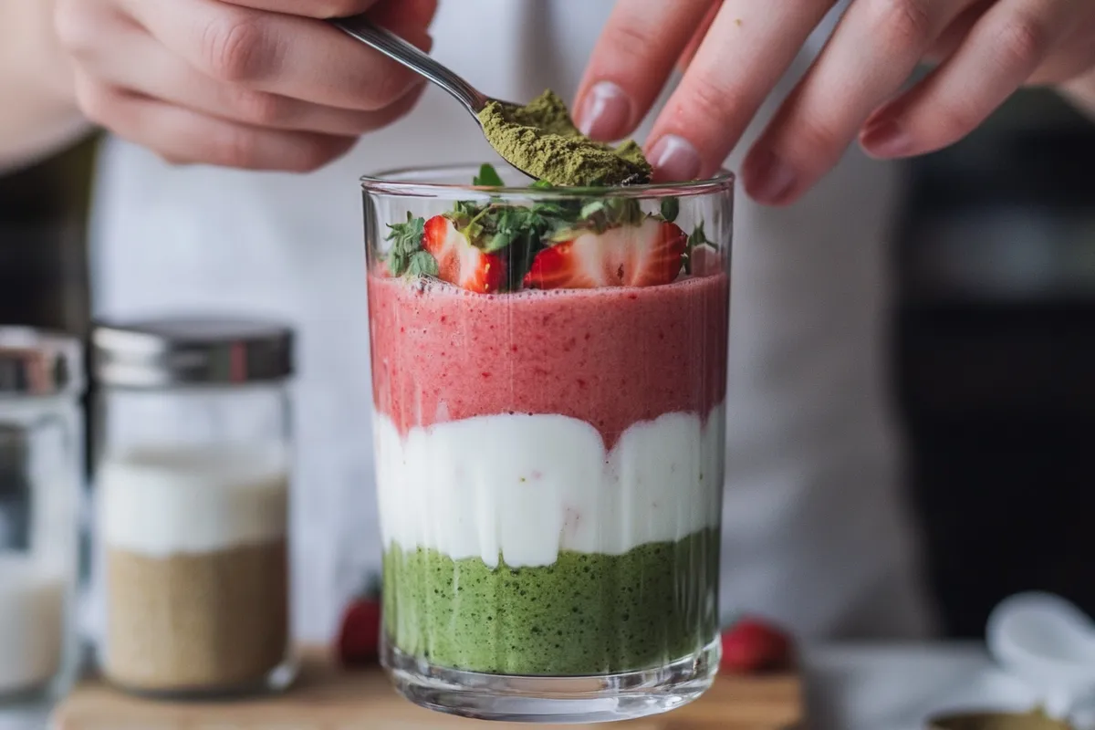 Making strawberry matcha latte at home