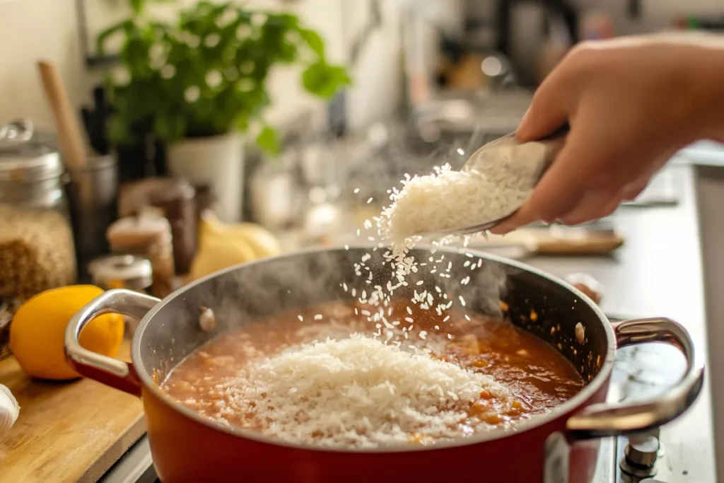 A hand pours rice into a pot of simmering sauce on the stove.