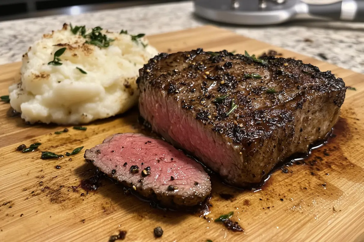 A perfectly cooked steak alongside creamy mashed potatoes on a wooden cutting board.