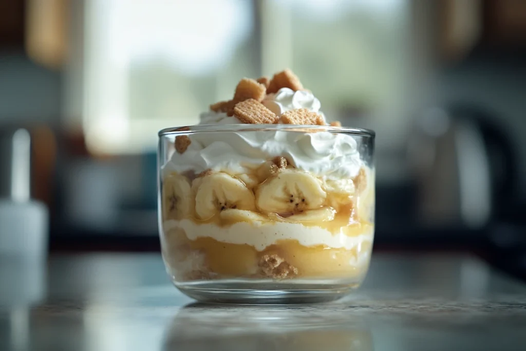 A layered dessert in a glass featuring bananas, whipped cream, and cookies.