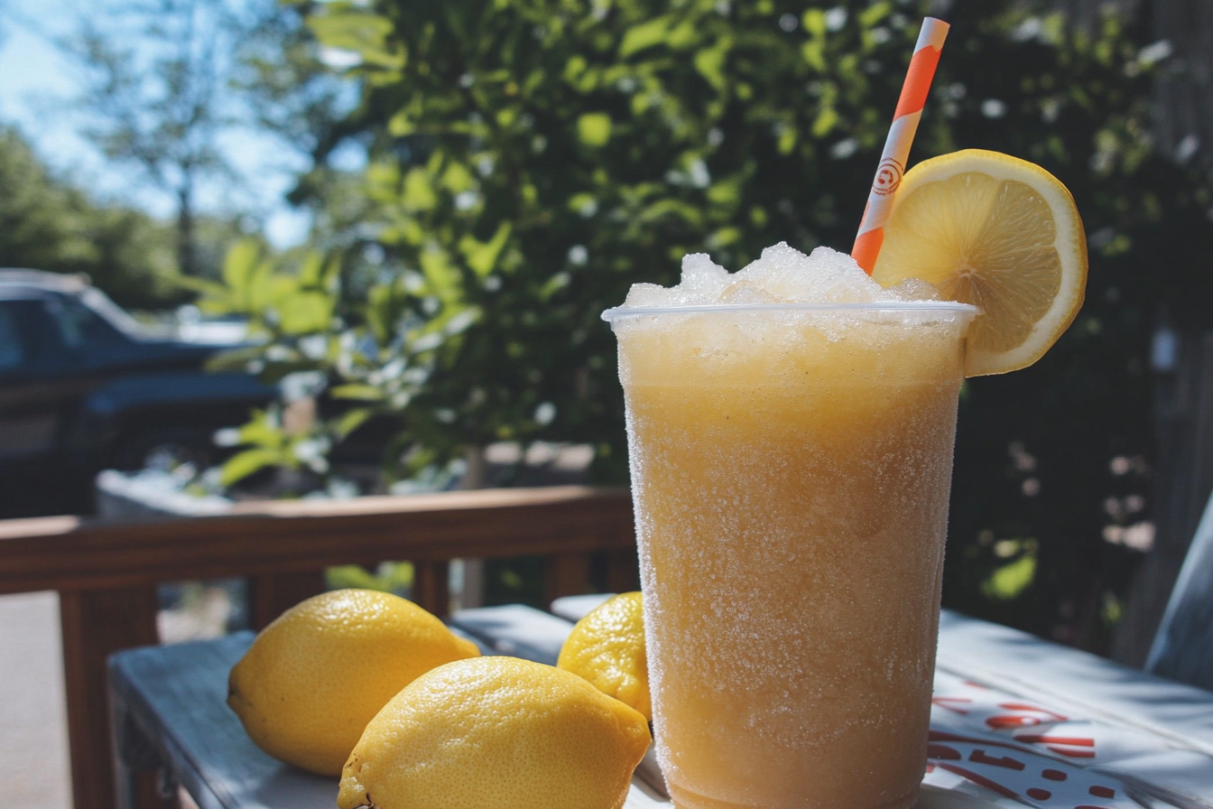 A frozen lemonade drink garnished with a lemon slice and ice, with fresh lemons nearby.