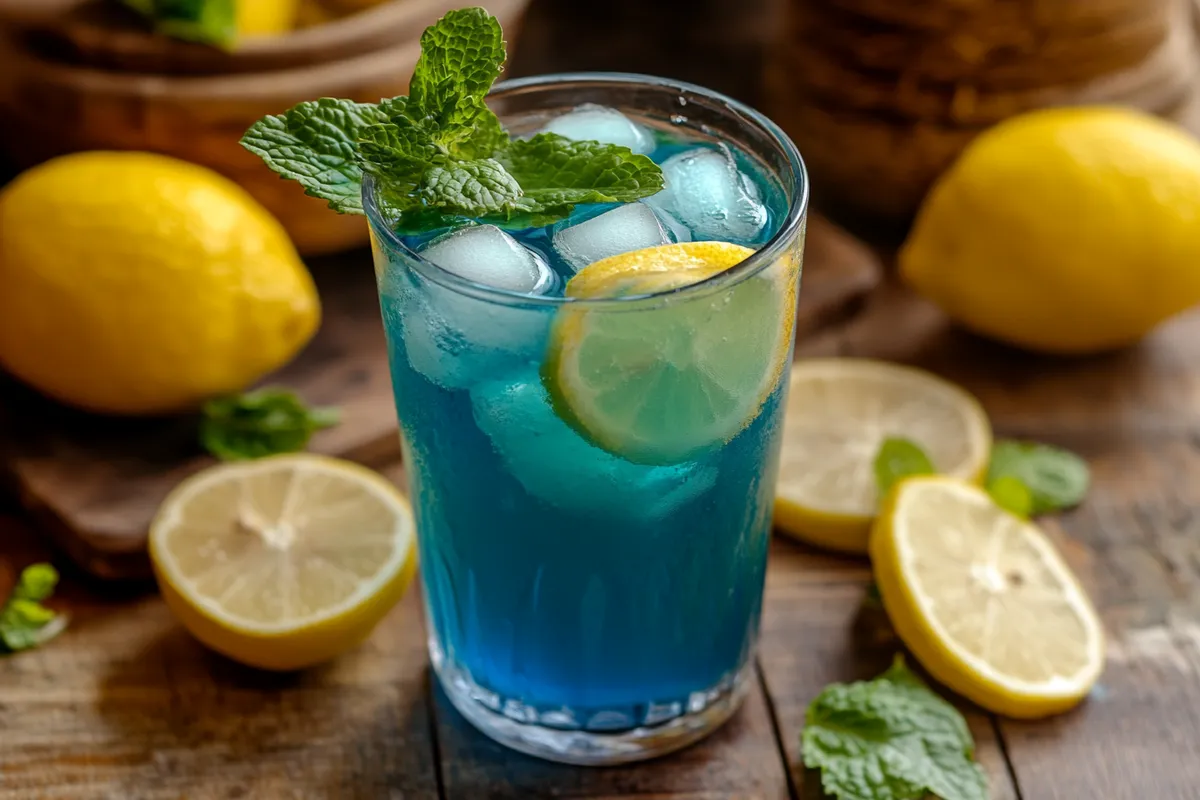 A refreshing blue drink with lemon slices and mint leaves, surrounded by fresh lemons.