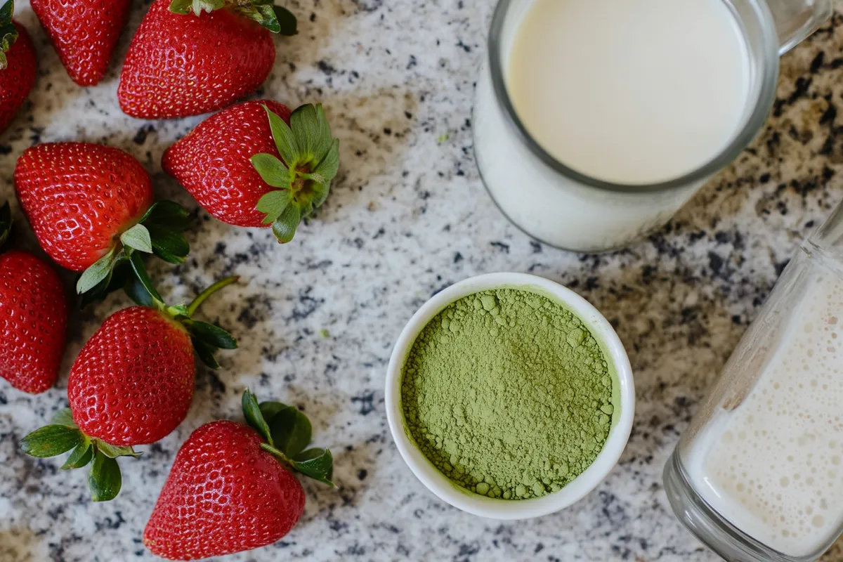 Ingredients for strawberry matcha latte