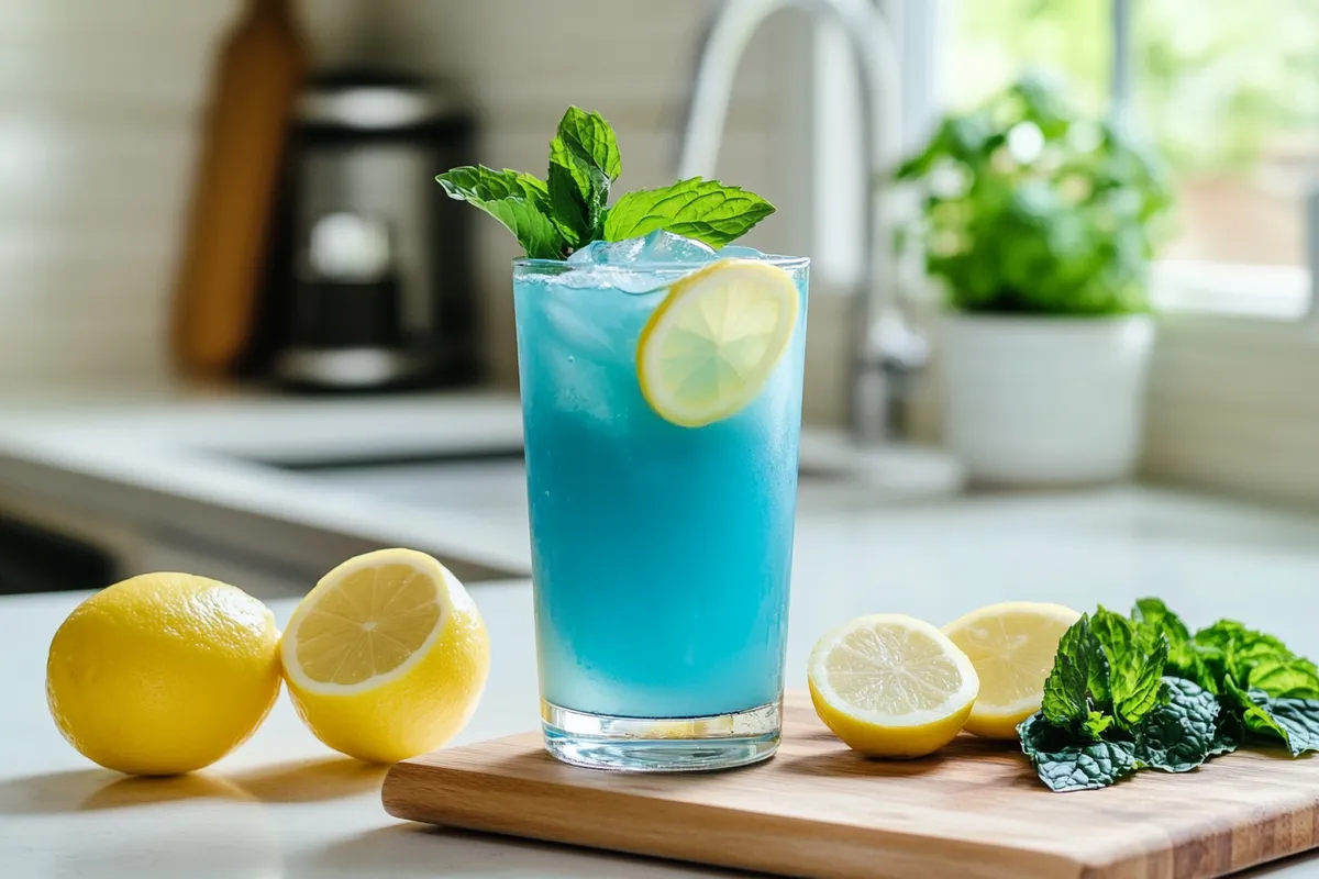 A vibrant blue cocktail garnished with mint and lemon slices sits on a kitchen counter next to fresh lemons.