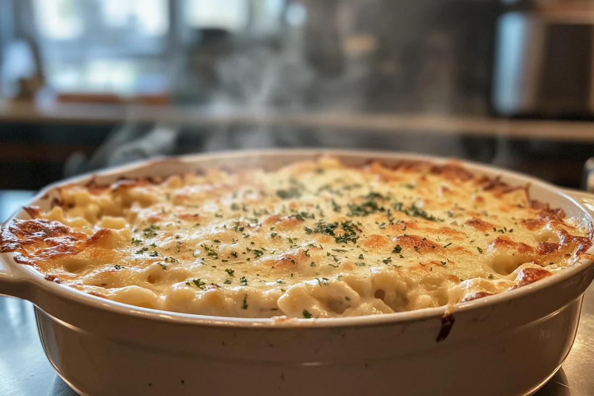 A steaming dish of creamy mac and cheese topped with golden brown cheese and herbs.