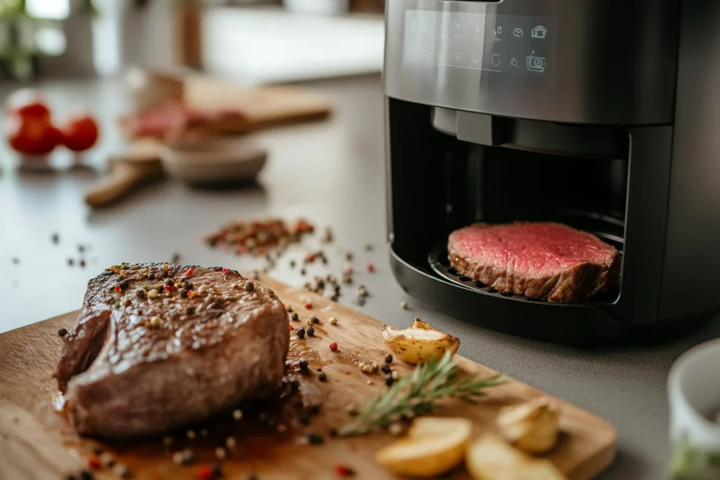 A wooden cutting board with a seasoned steak beside a sleek air fryer with another steak inside.