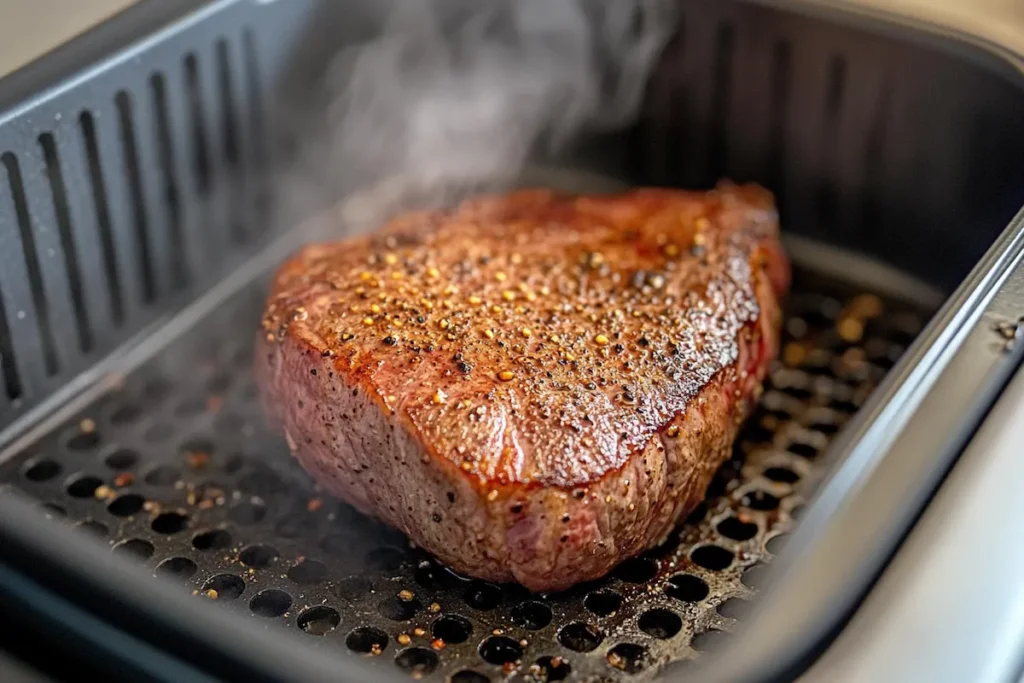 A perfectly seared steak releasing steam in an air fryer basket.