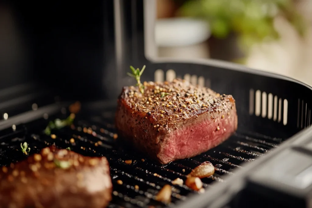 A perfectly cooked steak resting on a grill with seasoning and herbs.