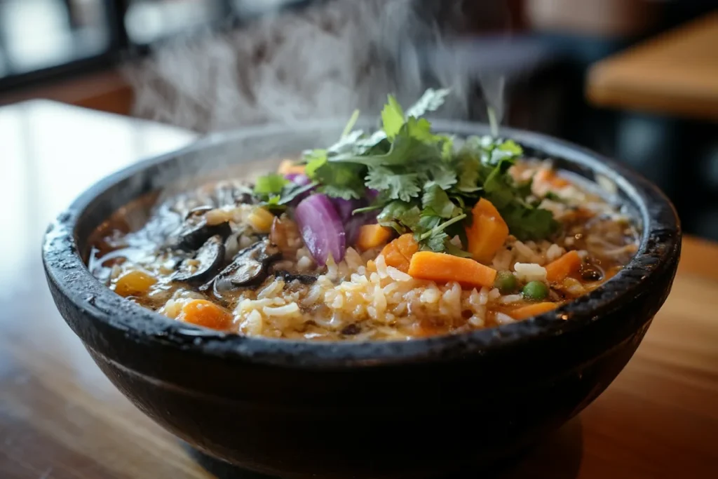 A steaming bowl of rice topped with vegetables and herbs.